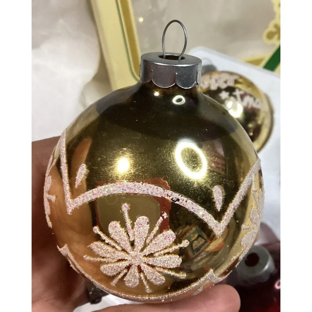 Vintage Mercury Glass Glitter Merry Christmas Ornaments Stenciled 1950s Pyramid